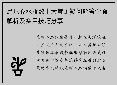 足球心水指数十大常见疑问解答全面解析及实用技巧分享