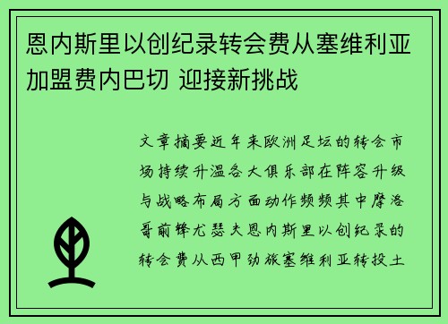 恩内斯里以创纪录转会费从塞维利亚加盟费内巴切 迎接新挑战